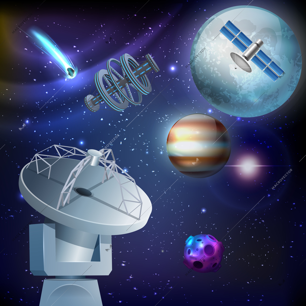 Cosmos realistic composition with galaxy background and colourful images of planets and artificial satellites with radar vector illustration