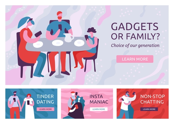 Flat design set of four horizontal banners with dependent on gadgets people with smartphones isolated vector illustration