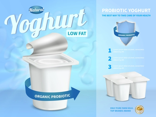 Yoghurt advertising composition with probiotic yoghurt symbols realistic vector illustration