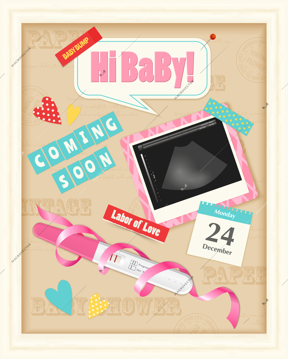 Coming soon baby girl realistic scrap album page with positive pregnancy test ultrasound image pink ribbon vector illustration