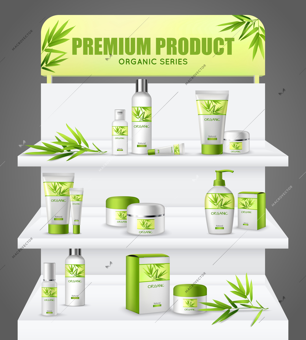 Natural cosmetic beauty personal hygiene premium organic creams lotions products promotion sales stand realistic template  vector illustration