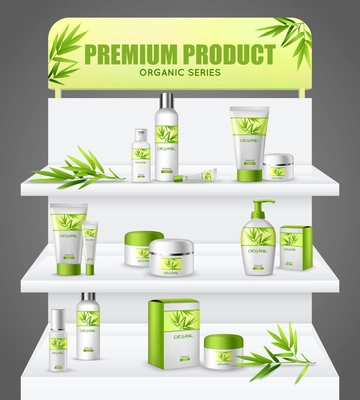 Natural cosmetic beauty personal hygiene premium organic creams lotions products promotion sales stand realistic template  vector illustration