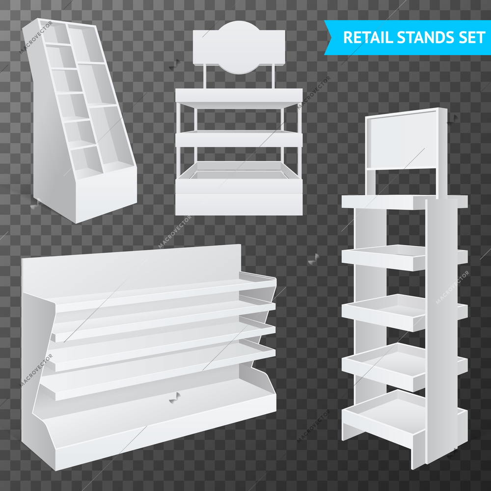 Retail trade stands various types and sizes blank empty realistic templates set transparent background isolated vector illustration