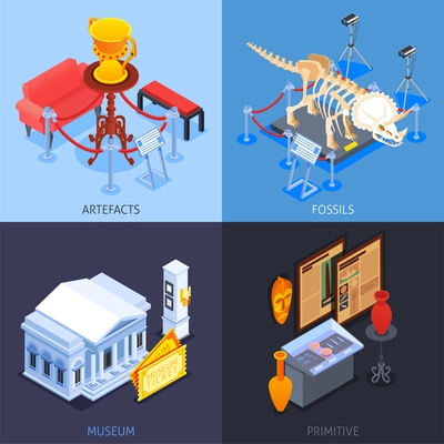 Museum isometric 2x2 design concept with compositions of museum collection images with specimen and text captions vector illustration