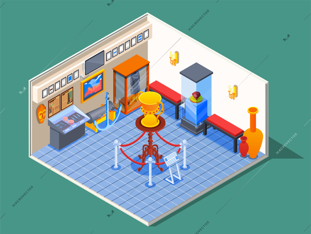 Museum isometric composition with view of museum room with specimen pictures and pieces of antique furniture vector illustration