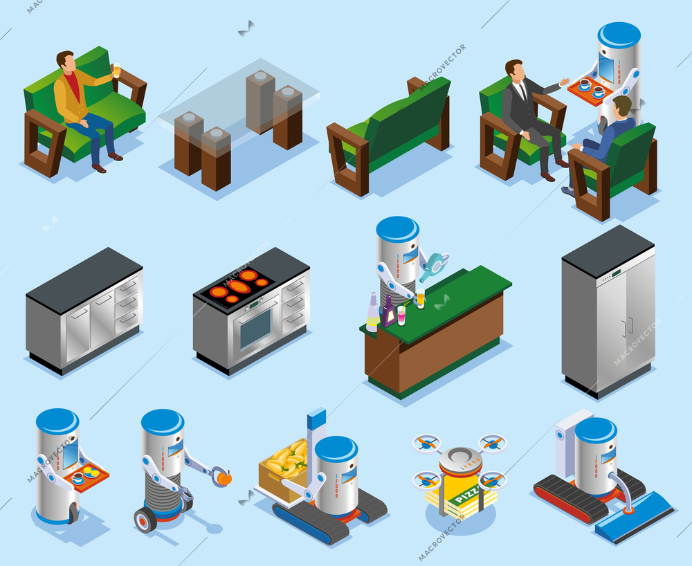 Isometric robotic restaurant industry composition with different elements of robots and kitchens vector illustration