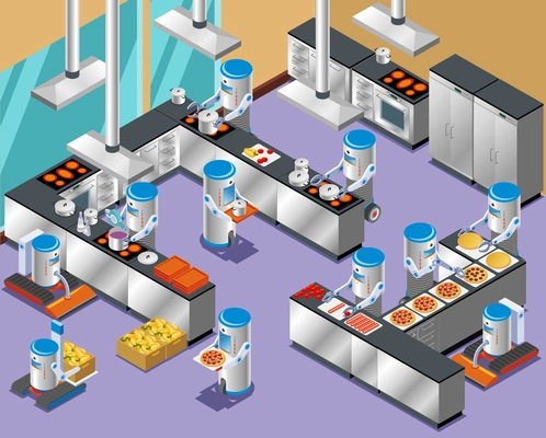 Isometric robotic restaurant composition with Robots in the restaurant kitchen on work distribution and cooking vector illustration