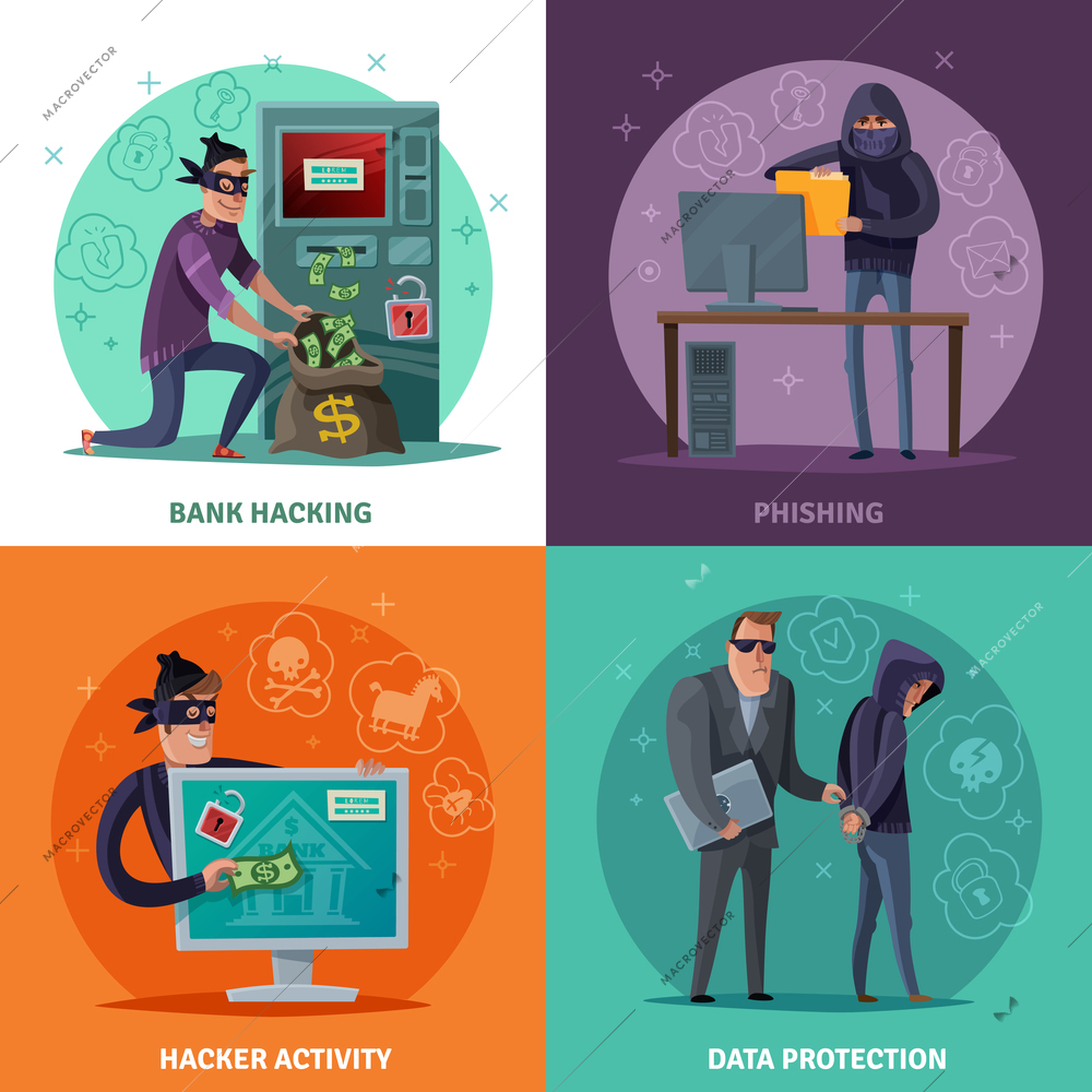 Hacker activity, phishing, breaking of atm and stealing money, data protection, cartoon design concept isolated vector illustration