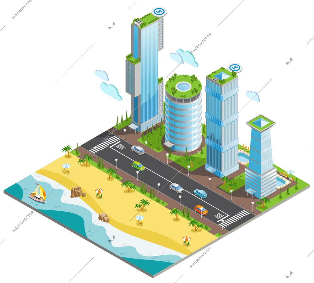 Isometric colored futuristic skyscrapers composition with piece of ocean and sandy beach vector illustration