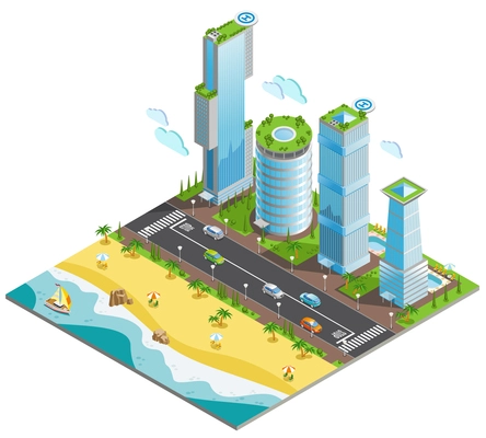 Isometric colored futuristic skyscrapers composition with piece of ocean and sandy beach vector illustration