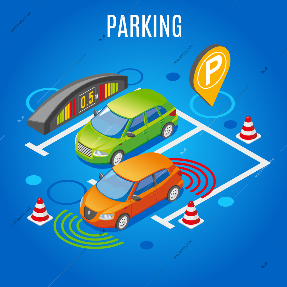 Isometric parking colored background with big white headline parktronik element and the car is parked vector illustration