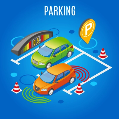 Isometric parking colored background with big white headline parktronik element and the car is parked vector illustration