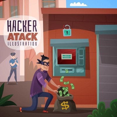 Person in mask during bank hacking and stealing money, police officer in background, cartoon vector illustration