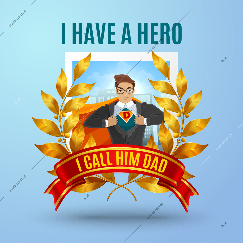 Dad day background with text and human character of cartoon father dressed in super hero costume vector illustration