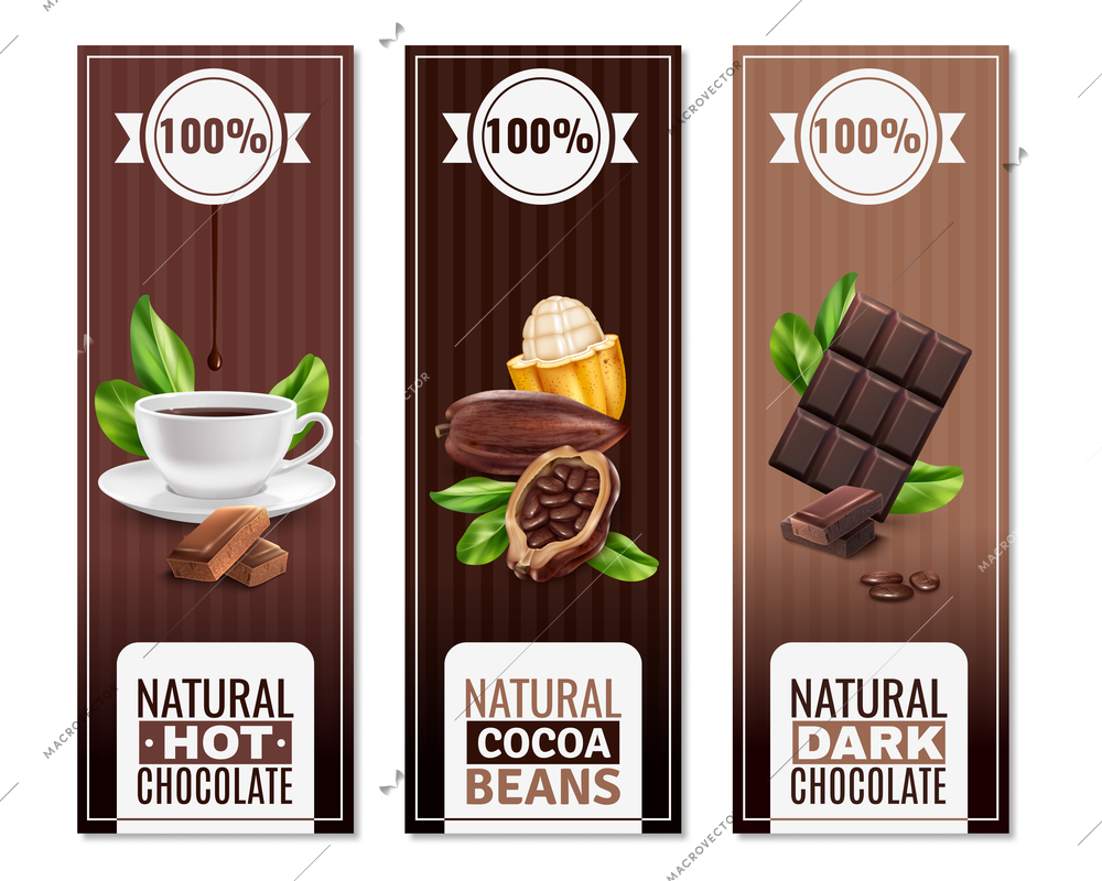 Realistic cocoa products, natural beans, cacao drink, dark chocolate vertical banners on brown background isolated vector illustration