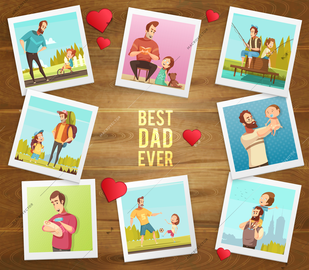 Dad day composition on wooden background with hearts text and polaroid photographs of father and son vector illustration