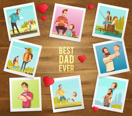 Dad day composition on wooden background with hearts text and polaroid photographs of father and son vector illustration