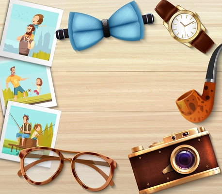 Dad day circle composition of realistic objects including watches glasses smoking pipe bow tie and photographs vector illustration