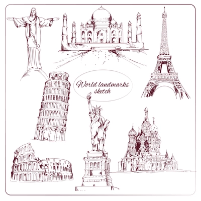 World landmark sketch set of eiffel tower kremlin statue of liberty isolated vector illustration