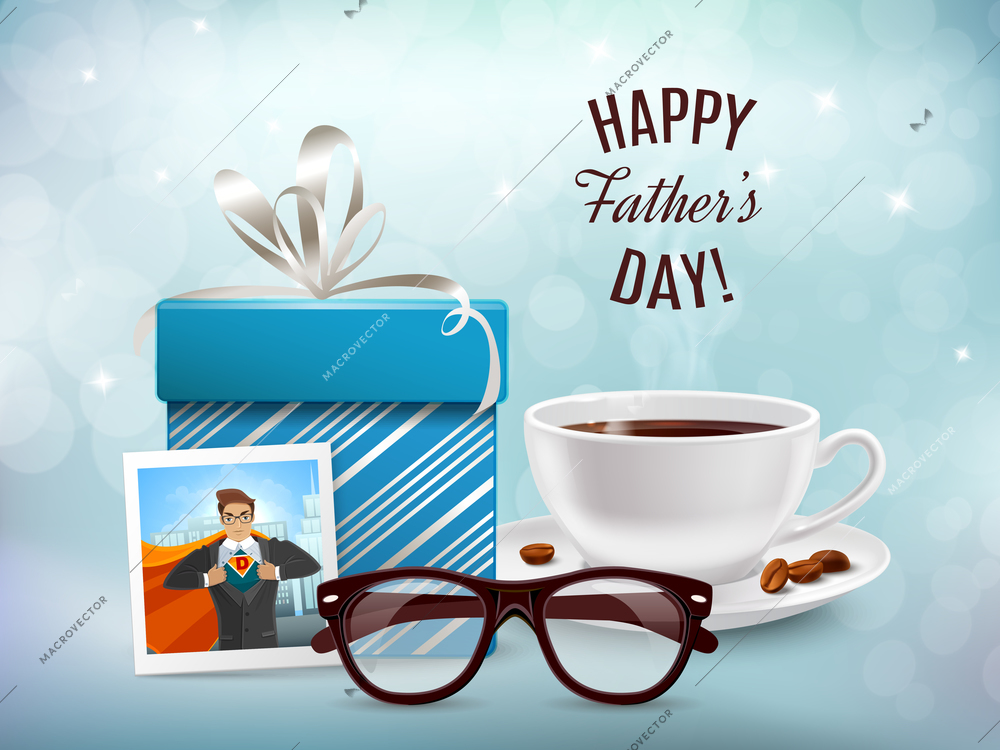 Dad day composition on blurry background with realistic gift box coffee cup and glasses with text vector illustration