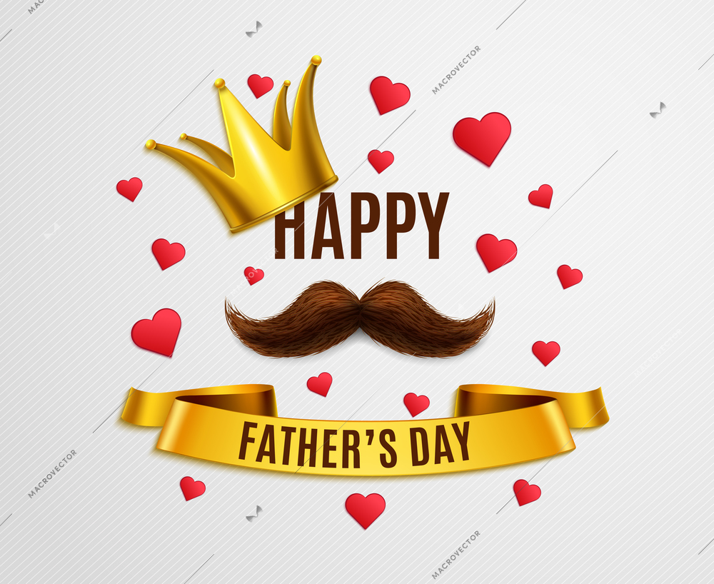 Dad day background composition of editable text on golden ribbon with realistic crown and heart symbols vector illustration