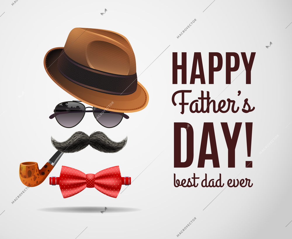 Dad day composition of decorative congratulatory text and realistic fathers accessories with shadows on blank background vector illustration