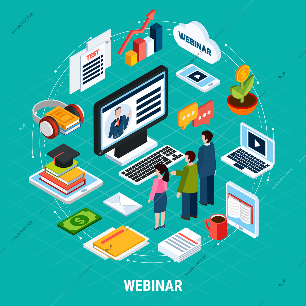 Round Webinar isometric composition with isolated elements of study and e learning vector illustration
