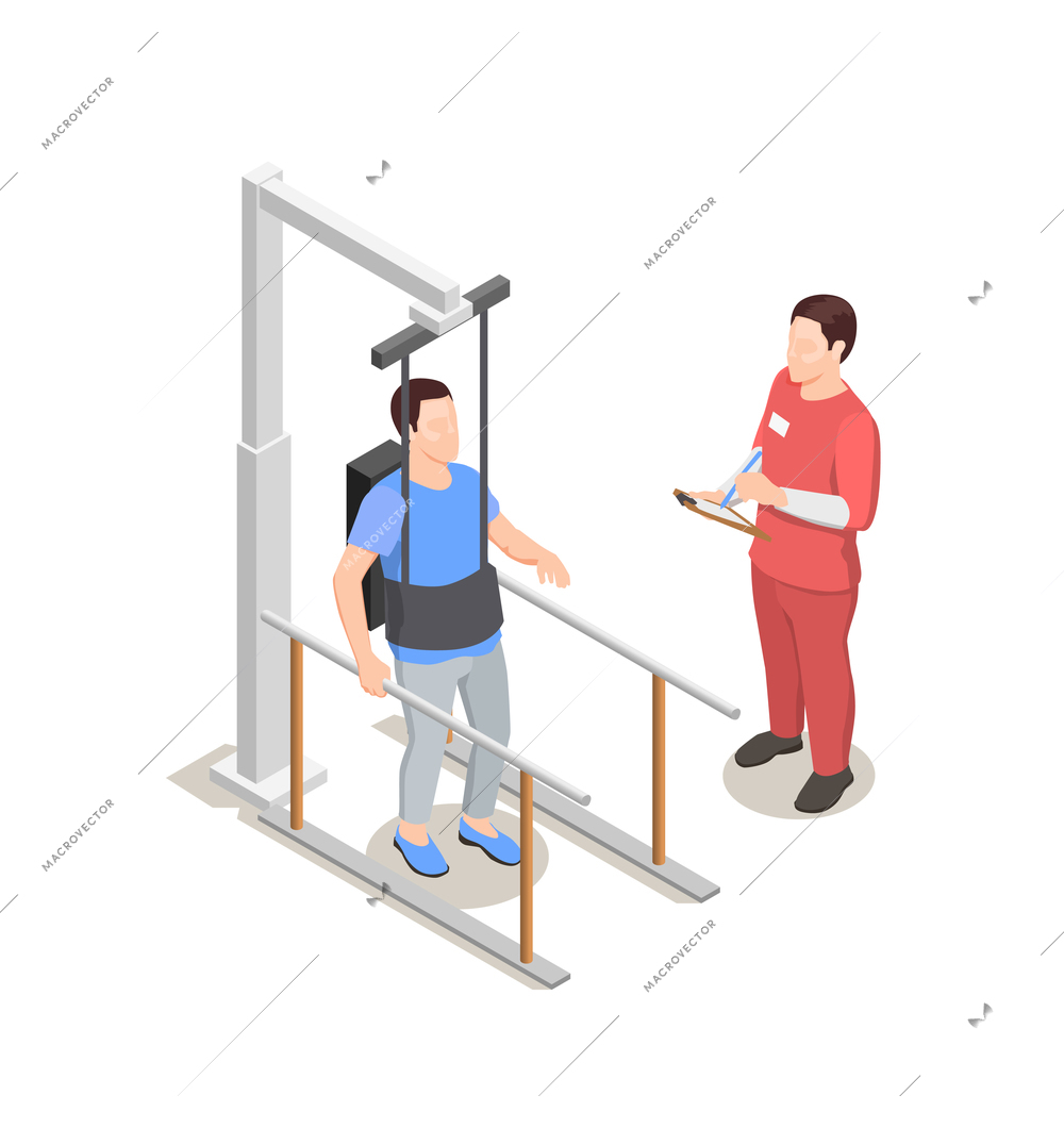 Physiotherapy rehabilitation icons isometric composition with human characters of doctor and patient with physiotherapeutical equipment apparatus vector illustration