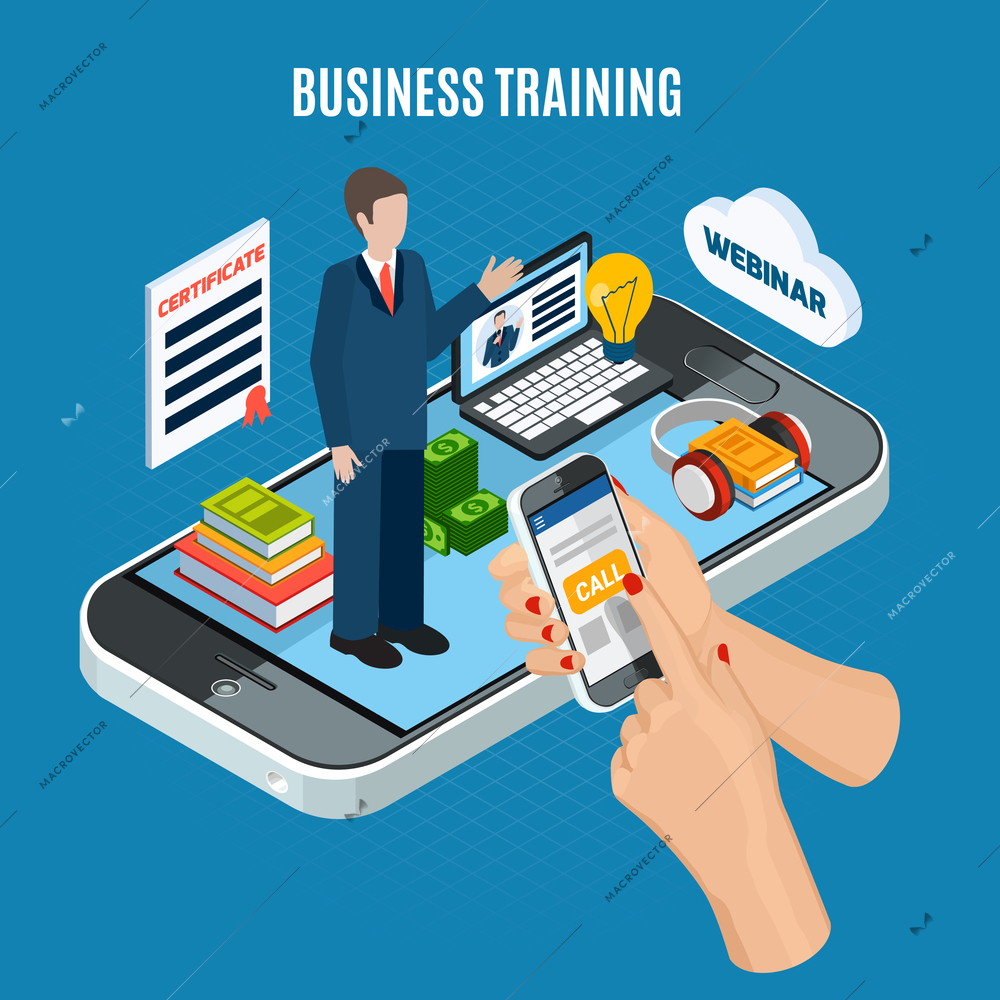 Isometric colored webinar concept with use smartphone for business training schematic composition vector illustration