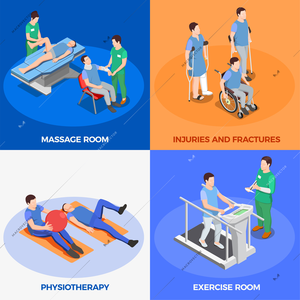 Physiotherapy rehabilitation icons isometric 2x2 design concept with images of apparatus for physical therapy and people vector illustration