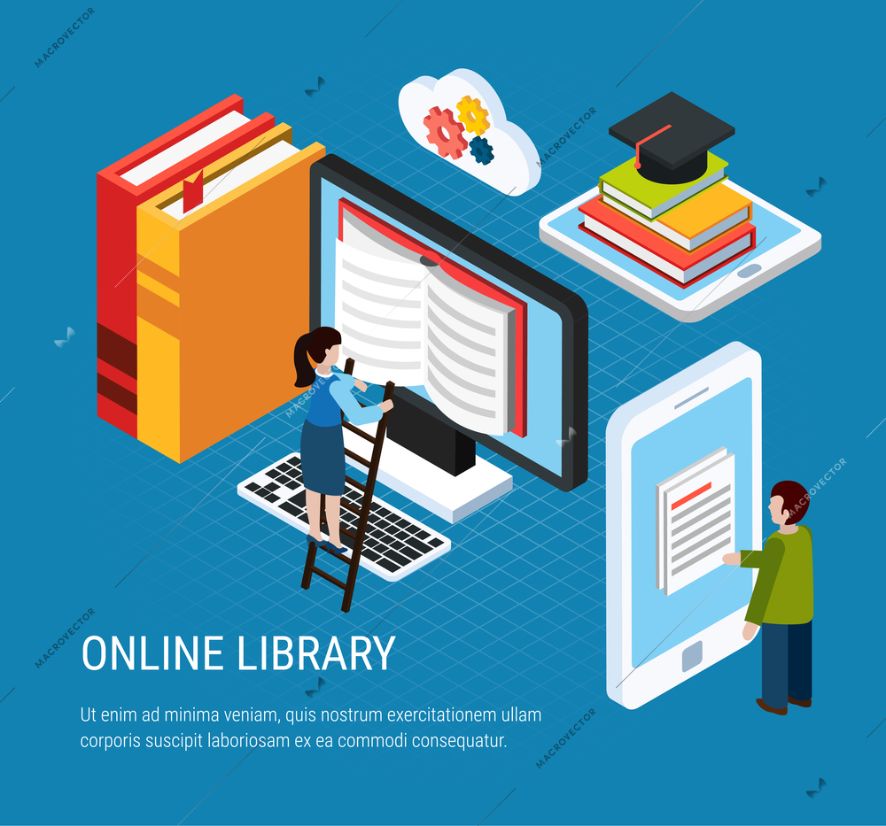 Isometric webinar colored composition online library headline and abstract elements associated with books and learning vector illustration