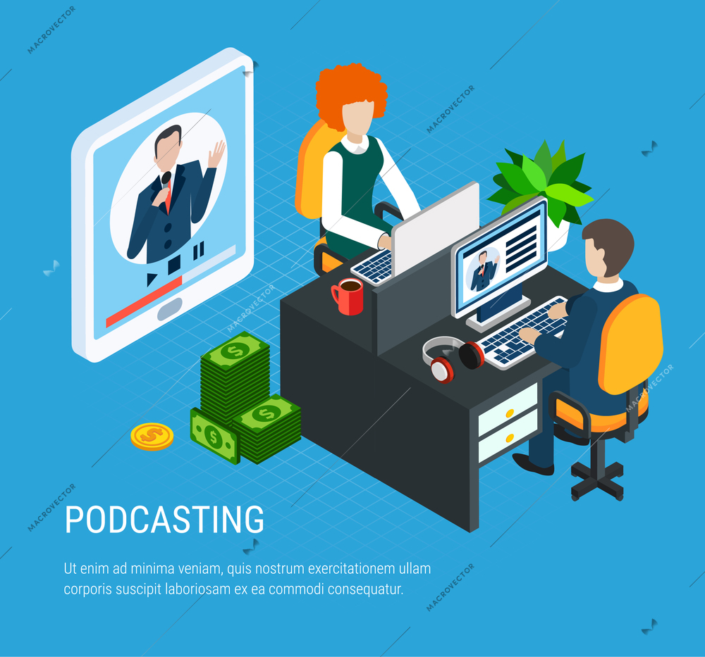 Webinar isometric colored concept with podcasting description and two people watching video at the table vector illustration