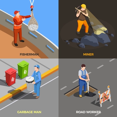 Worker professions isometric 2x2 design concept with modern urban job compositions with human characters and text vector illustration