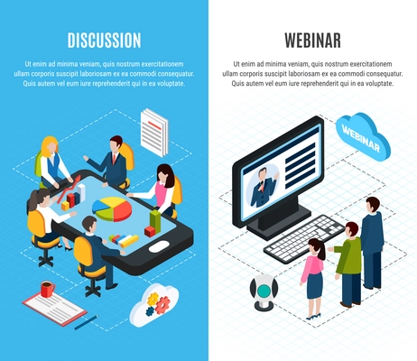 Two isolated vertical isometric webinar banner set with discussion and webinar headlines vector illustration