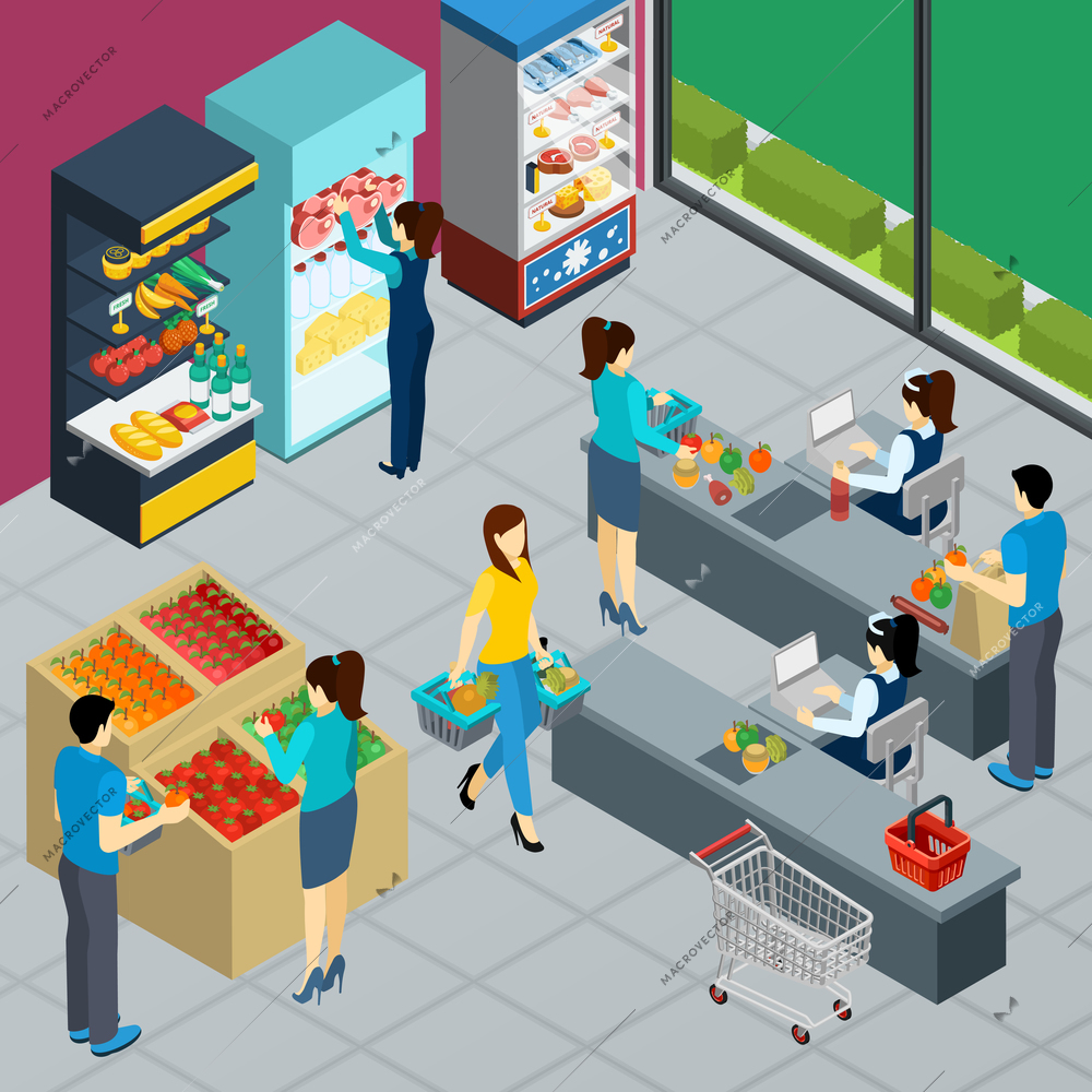 Supermarket interior isometric poster with people shopping in grocery store working merchandiser and cashiers vector illustration
