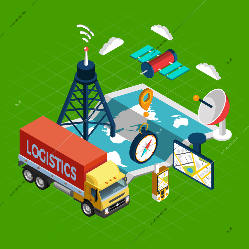 Navigation concept with logistics and satellite symbols on green background isometric vector illustration