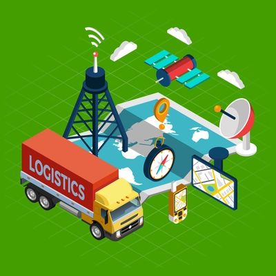 Navigation concept with logistics and satellite symbols on green background isometric vector illustration