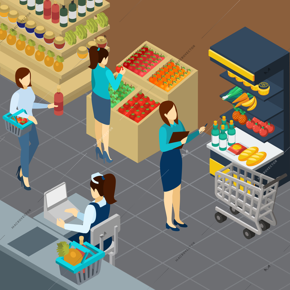Grocery store isometric background with food products on counters buyers and working staff vector illustration