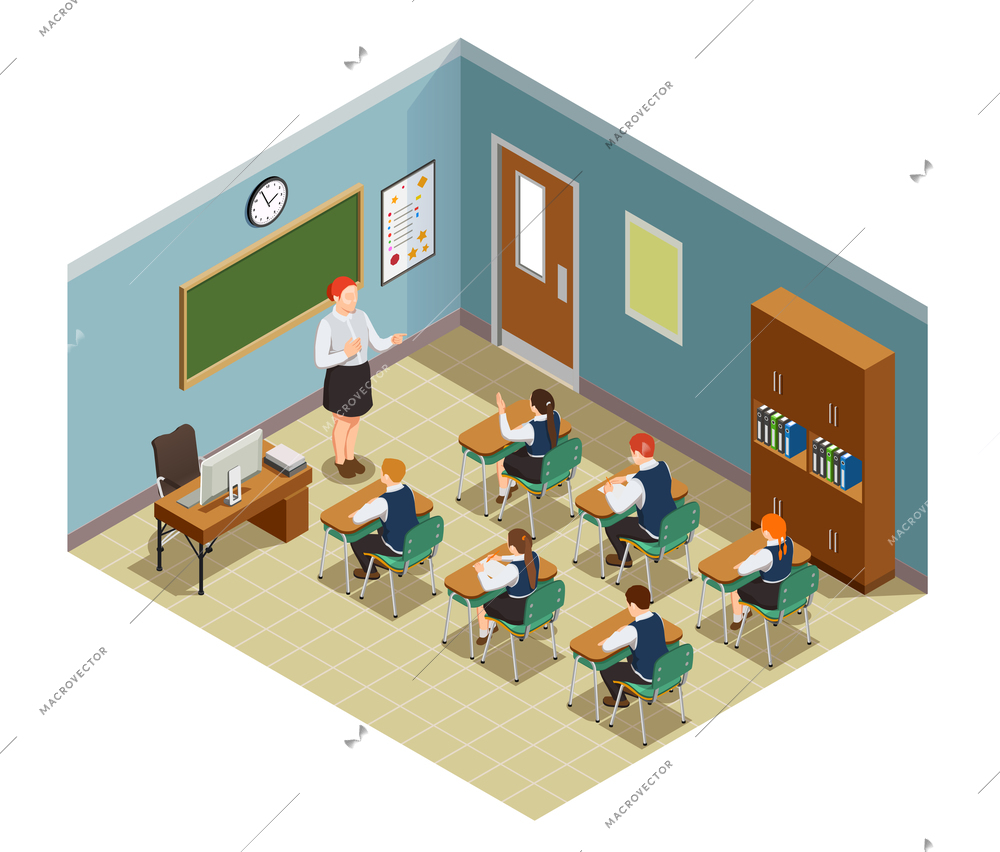 High school isometric people composition with class room interior and characters of female teacher and students vector illustration