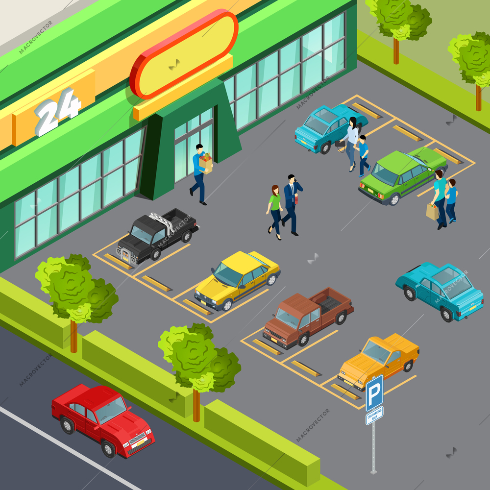 Supermarket opened around the clock and car parking near shop building isometric top view vector illustration