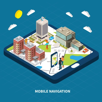 Mobile navigation concept with city and people symbols on blue background isometric vector illustration