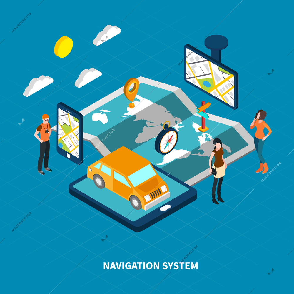 Navigation system with map and people symbols on blue background isometric vector illustration