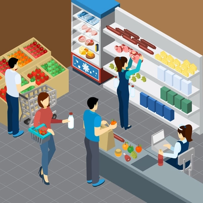 Grocery store isometric composition with visitors cashier and shelves with groceries products vector illustration