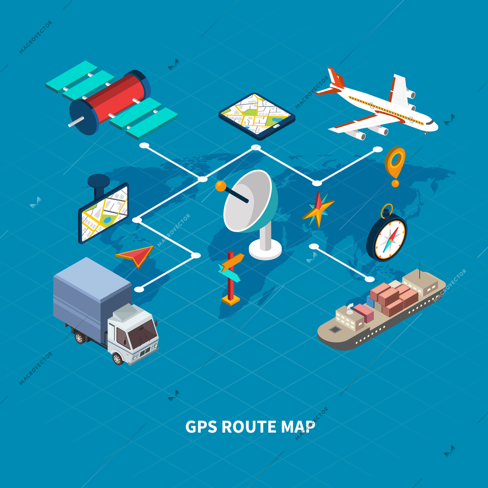 GPS route map flowchart with navigation symbols on blue background isometric vector illustration