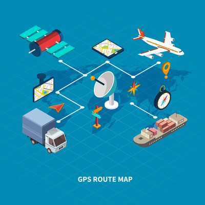 GPS route map flowchart with navigation symbols on blue background isometric vector illustration