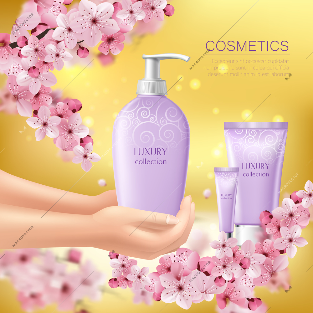 Sakura colored flyer with cosmetic product in the hands of girl advertising vector illustration