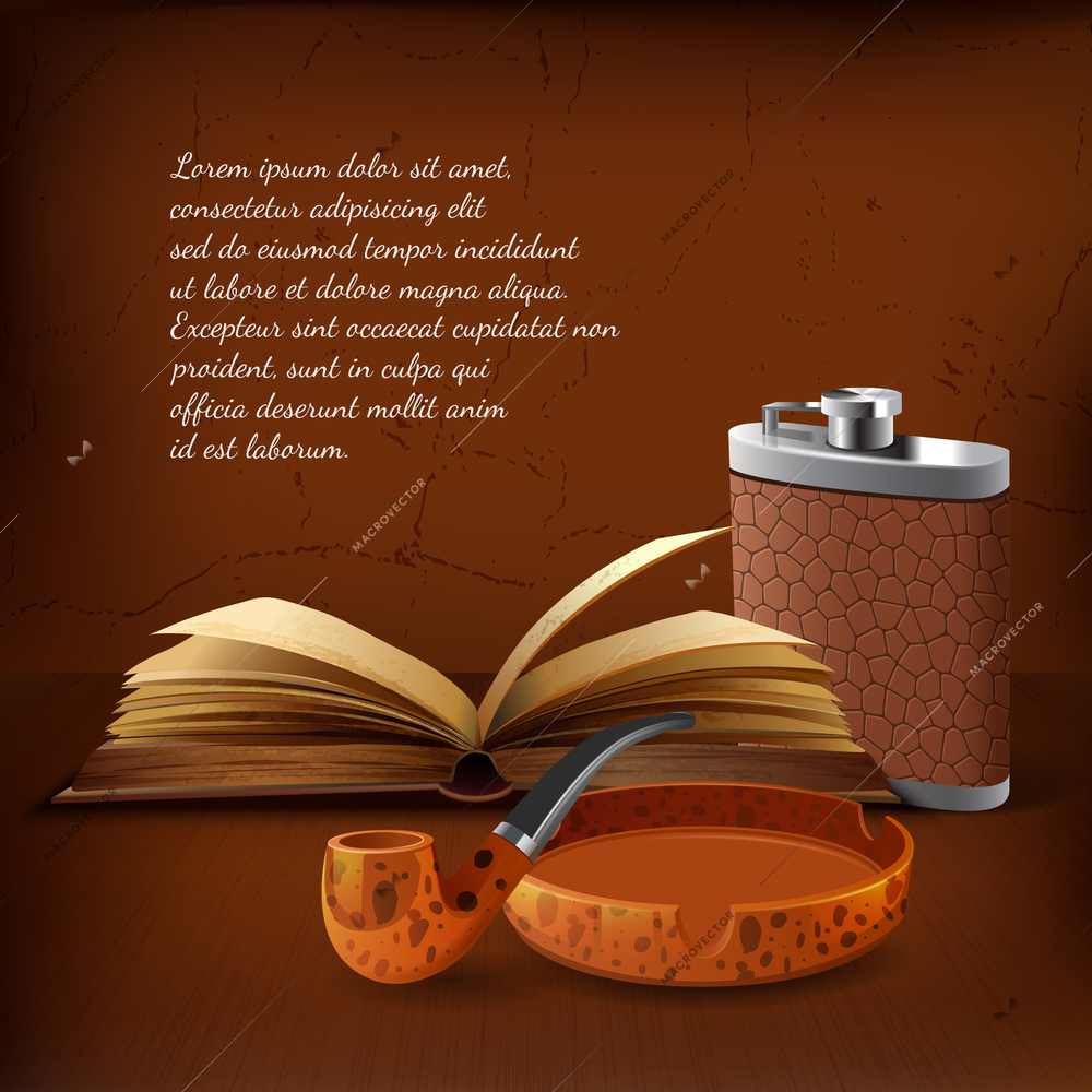 Dark colored tobacco realistic background with scene smoking pipe when person reading books vector illustration