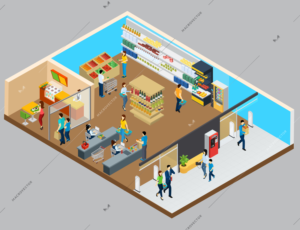 Grocery store isometric design concept with shelves filled by products cafe room buyers and cashiers vector illustration