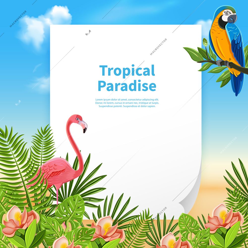 Tropical paradise composition with a piece of paper and editable text on beach background with plants vector illustration