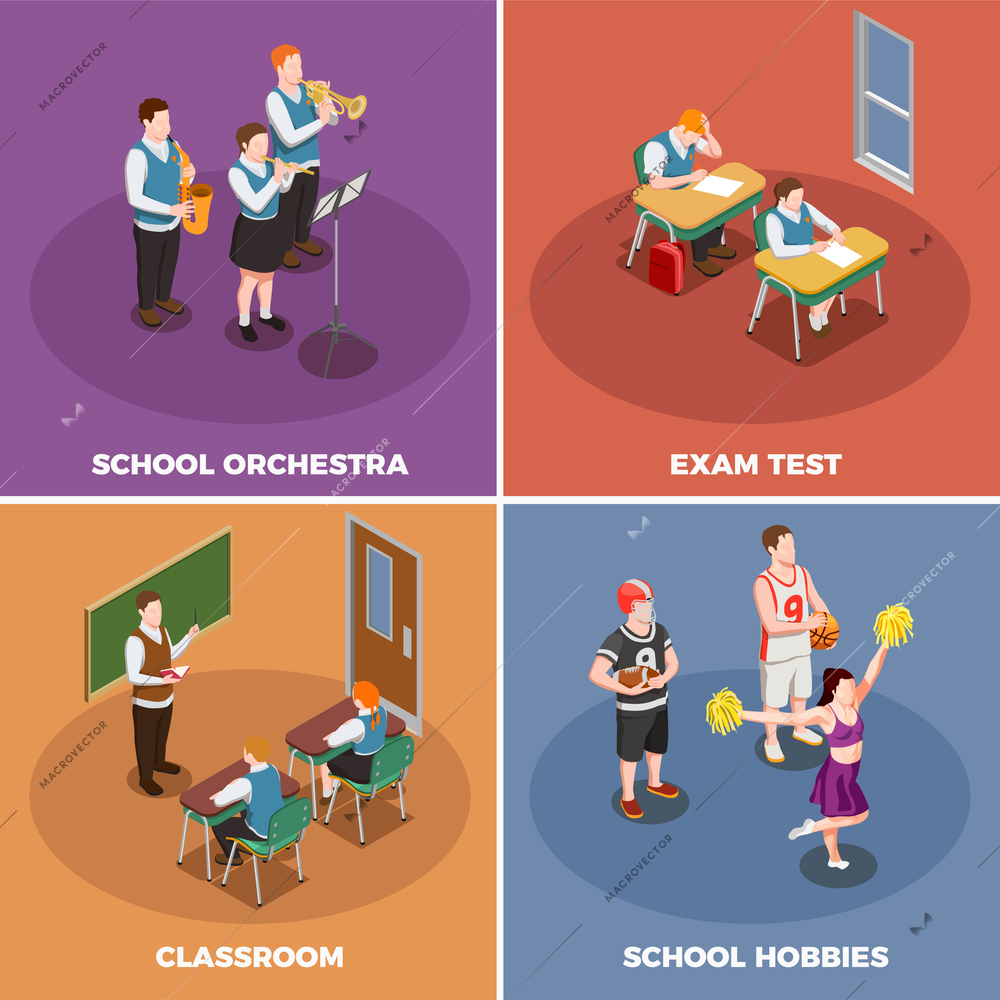 High school isometric people 2x2 design concept with human characters of students and their various activities vector illustration